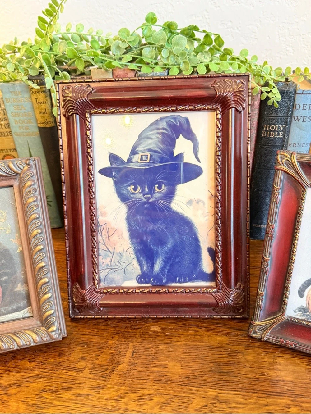 3 Vintage Black Cat Halloween Picture Frames
